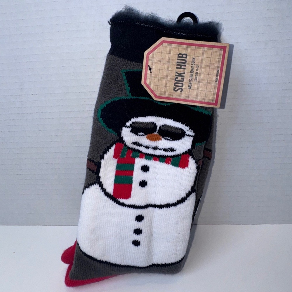 Sock Hub Holiday Socks Mens 10-13 Gray Snowman Let It Snow Fuzzy Trim Wintr